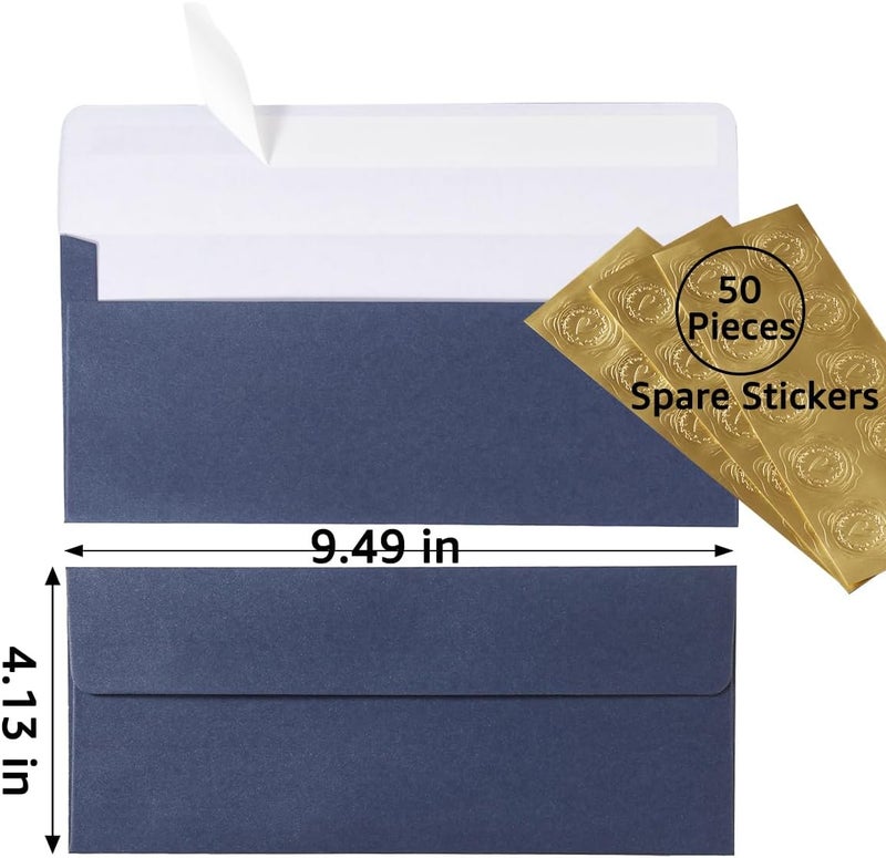 Wishop 50 Pack Shiny #10 Business Envelopes Self Seal Standard Envelopes with Gold Stickers for Office Checks, Business Cards, Letter Mailing Invoices, 4.13 x 9.49 Inches (Navy Blue) - Image 2